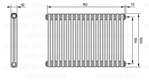 Схема (чертеж) Радиатор Zehnder Charleston 2100/17 №7610 Белый глянцевый RAL 9016